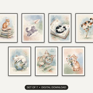 Set of 7 playful animal illustrations printable prints shown as a gallery wall