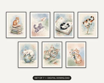 Whimsical Cat Prints Set of 7 | Playful Watercolor Classroom Art | Back to School Digital Download
