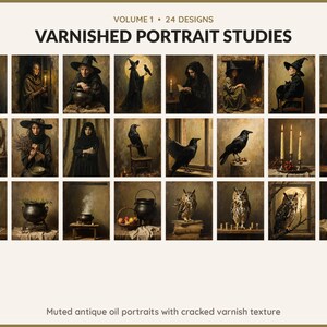 Volume 1 Varnished Portrait Studies: 24 printable Halloween art designs, muted antique oil portraits with cracked varnish texture