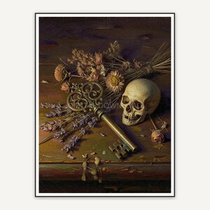 Vintage oil painting of antique key beside skull and flowers