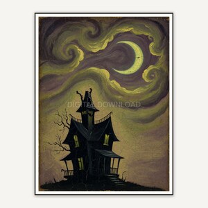 Vintage oil painting of haunted house under moon