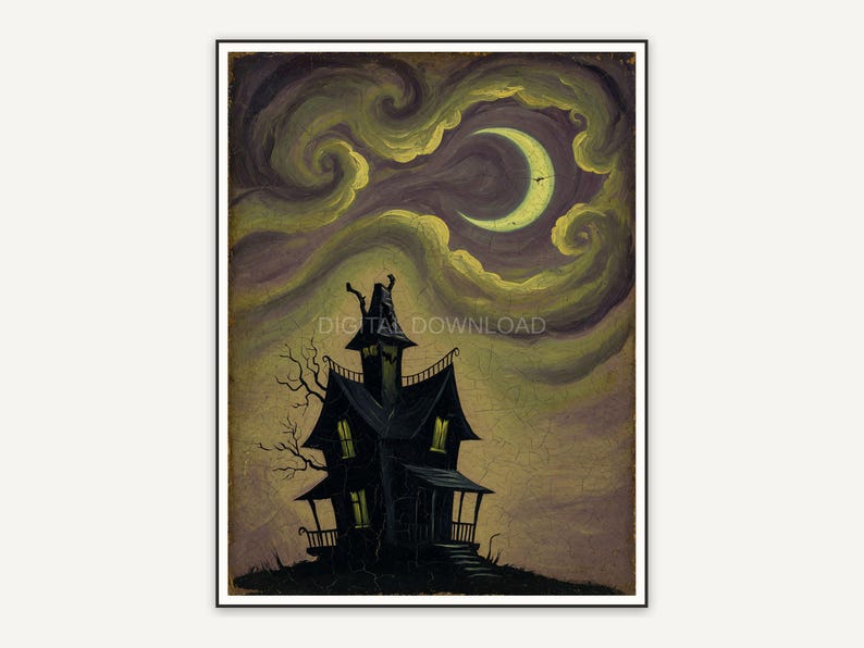 Vintage oil painting of haunted house under moon