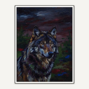 Oil style wolf portrait with moody tones