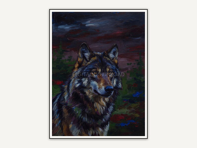 Oil style wolf portrait with moody tones