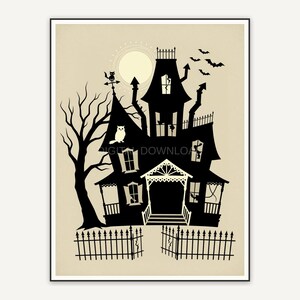 Flat haunted house silhouette in retro palette