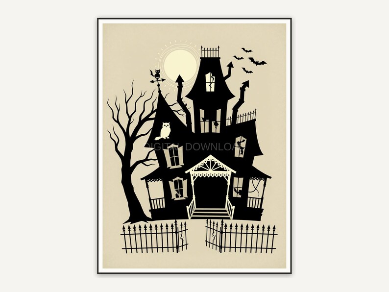 Flat haunted house silhouette in retro palette