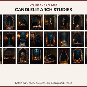 Volume 3 Candlelit Arch Studies: 24 printable Halloween art designs, gothic dark academia scenes in deep moody tones