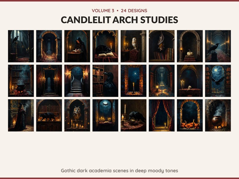 Volume 3 Candlelit Arch Studies: 24 printable Halloween art designs, gothic dark academia scenes in deep moody tones