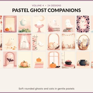 Volume 4 Pastel Ghost Companions: 24 printable Halloween art designs, soft rounded ghosts and cats in gentle pastels
