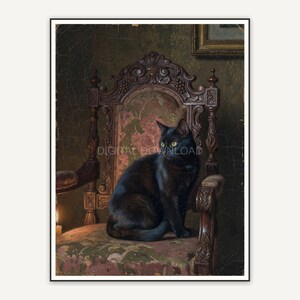 Black cat on ornate Victorian chair oil painting