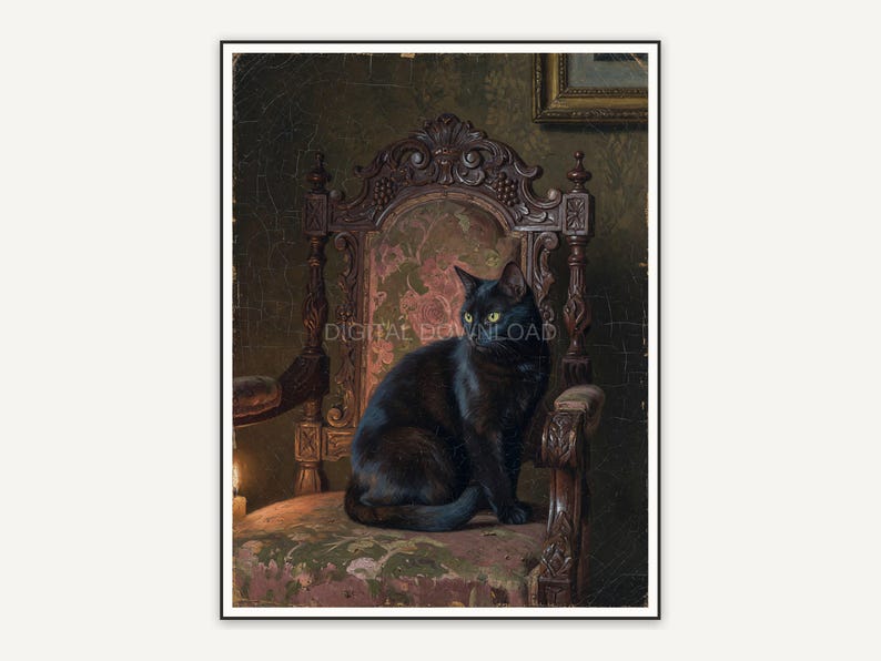 Black cat on ornate Victorian chair oil painting