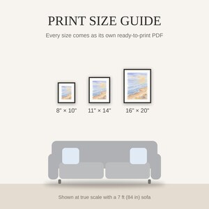 Print size guide showing 8x10, 11x14, and 16x20 framed prints at true scale beside a sofa