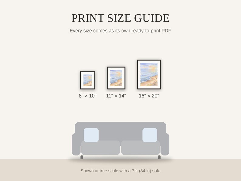 Print size guide showing 8x10, 11x14, and 16x20 framed prints at true scale beside a sofa