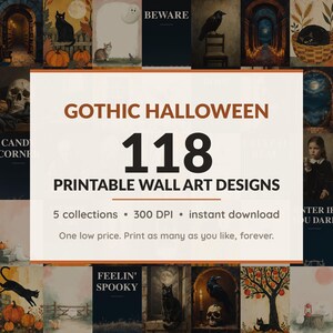 Halloween printable wall art mega bundle with 118 art prints in 5 collections: Shadowed Oil Portraits, Candlelit Arch Studies, Mustard Folk Harvest, Blush Phantom Companions, Midnight Poster Fields