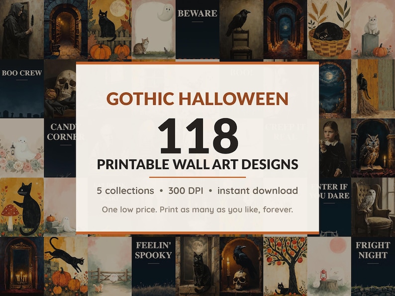 Halloween printable wall art mega bundle with 118 art prints in 5 collections: Shadowed Oil Portraits, Candlelit Arch Studies, Mustard Folk Harvest, Blush Phantom Companions, Midnight Poster Fields