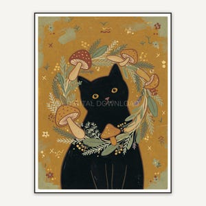 Black cat with mushroom wreath