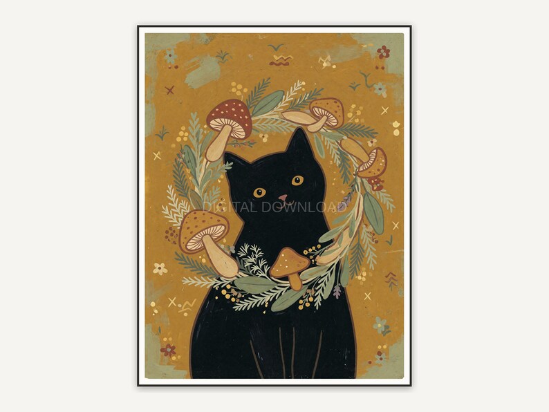 Black cat with mushroom wreath