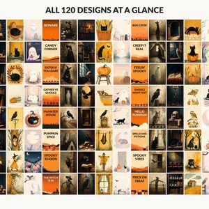 All 120 Halloween printable designs in the bundle shown together on one contact sheet