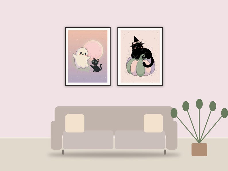pastel halloween decor printable art framed above a sofa in a styled living room