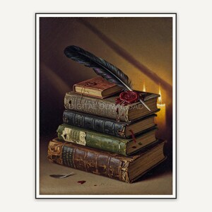 Vintage oil painting of stacked books with raven feather