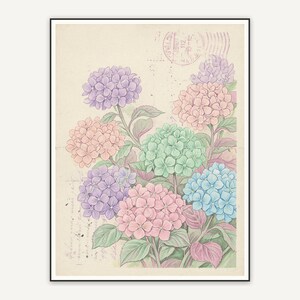 Mixed hydrangeas with vintage postcard details