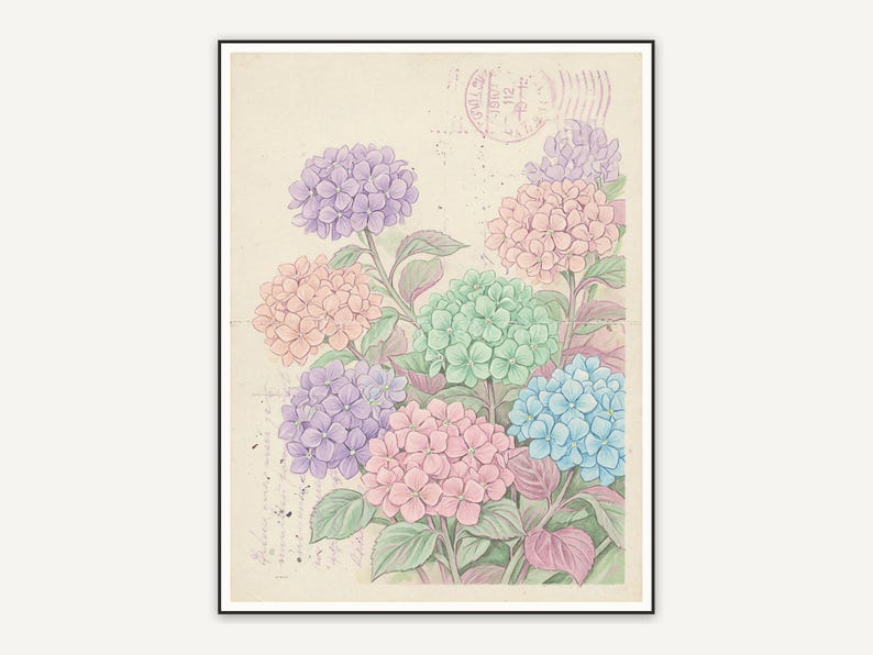Mixed hydrangeas with vintage postcard details