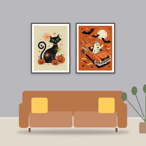 halloween decor and spooky season wall art printable art framed above a sofa in a styled living room