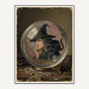 Vintage oil painting of a crystal ball reflecting a witch