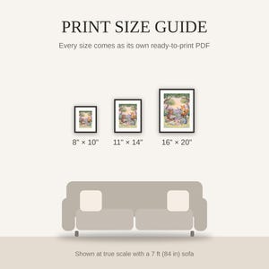 Print size guide showing 8x10, 11x14, and 16x20 framed prints at true scale beside a sofa
