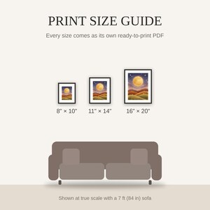 Print size guide showing 8x10, 11x14, and 16x20 framed prints at true scale beside a sofa