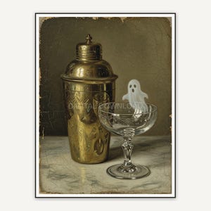 Vintage oil painting of brass shaker and ghost reflection in coupe glass