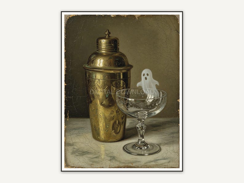 Vintage oil painting of brass shaker and ghost reflection in coupe glass