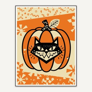 Geometric pumpkin and black cat in 1950s style