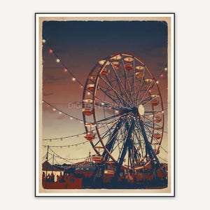 Ferris wheel at dusk with string lights