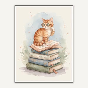 Orange tabby cat with glasses on books