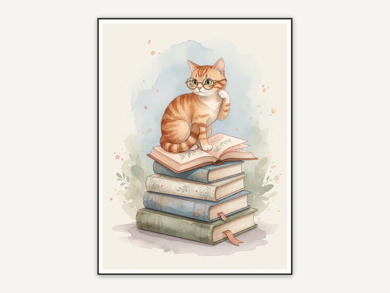 Orange tabby cat with glasses on books