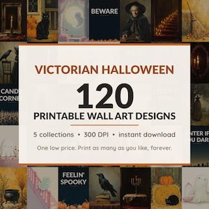 Halloween printable wall art mega bundle with 120 art prints in 5 collections: Crackled Oil Portraits, Gothic Candle Studies, Rustic Folk Harvest, Soft Specter Friends, Lantern Lettering