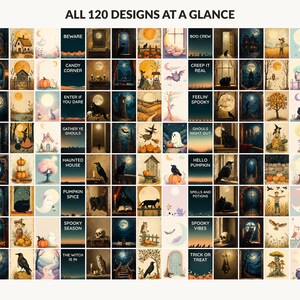 All 120 Halloween printable designs in the bundle shown together on one contact sheet