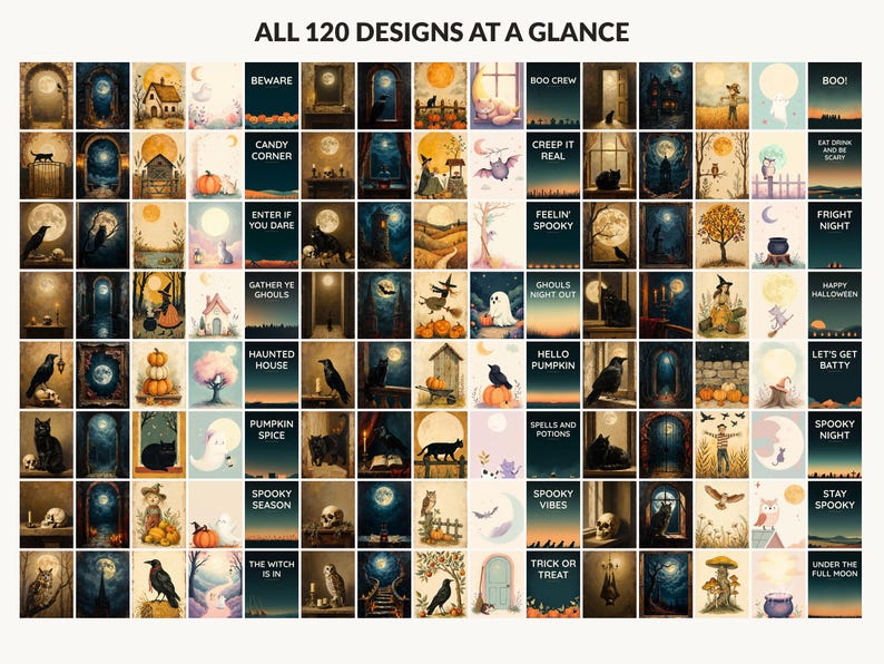All 120 Halloween printable designs in the bundle shown together on one contact sheet