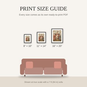 Print size guide showing 8x10, 11x14, and 16x20 framed prints at true scale beside a sofa
