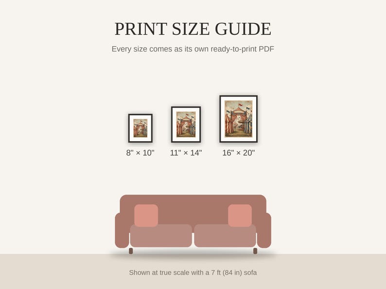 Print size guide showing 8x10, 11x14, and 16x20 framed prints at true scale beside a sofa
