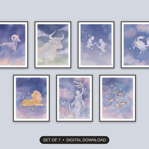 Set of 7 zodiac celestial art printable prints shown as a gallery wall