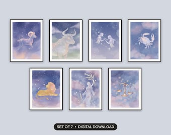 Zodiac Constellation Wall Art Set of 7 | Watercolor Star Sign Prints for Bedroom | Digital Download
