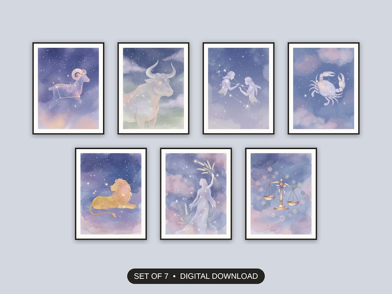 Set of 7 zodiac celestial art printable prints shown as a gallery wall