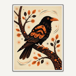 Perched raven in mid-century atomic illustration style