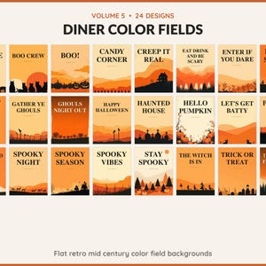 Volume 5 Diner Color Fields: 24 printable Halloween art designs, flat retro mid century color field backgrounds