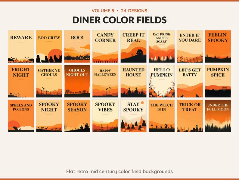 Volume 5 Diner Color Fields: 24 printable Halloween art designs, flat retro mid century color field backgrounds