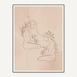 Two abstract seated figures with botanical line details
