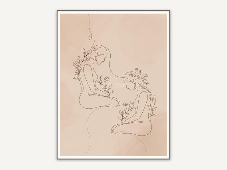 Two abstract seated figures with botanical line details