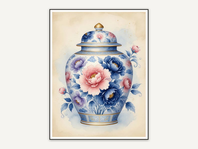 Blue peony ginger jar on cream